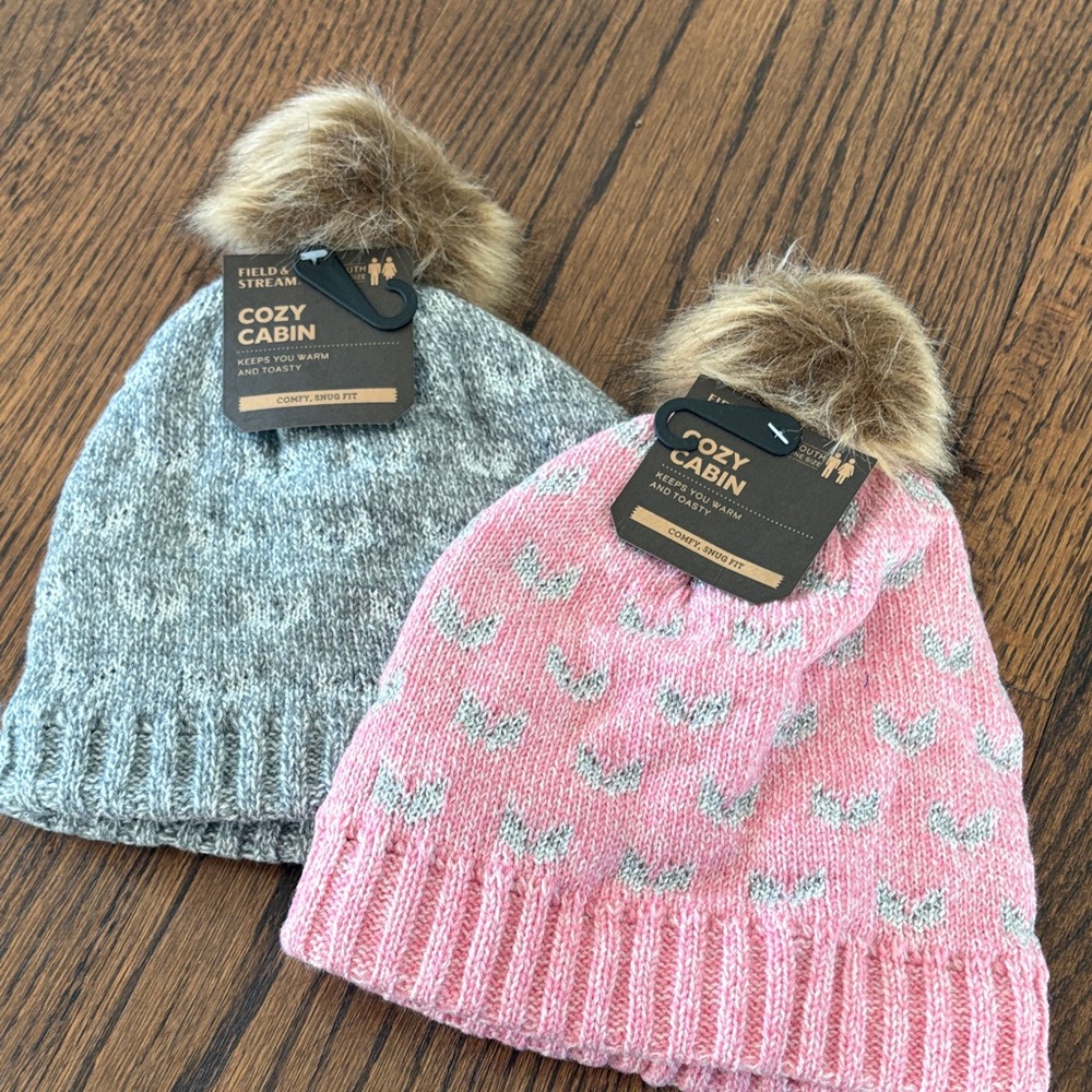 Field & Stream Kids Beanie Set - Pink and Gray with Fur Pom